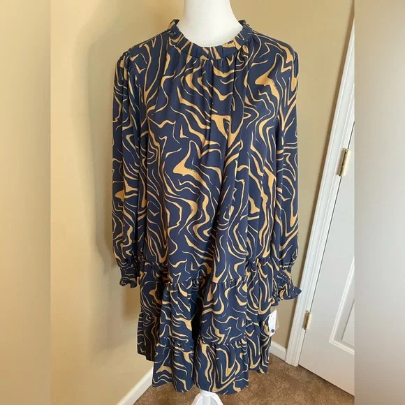 Nine West | Dresses | Nwot Nine West Long Sleeve Navy And Tan Print Swing  Dress Size X | Poshmark